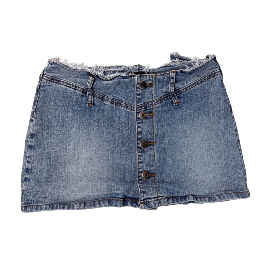 VTG Y2K Preppy Goth Baileys Point Denim Mini Skirt Button Front Frayed Size 3/4